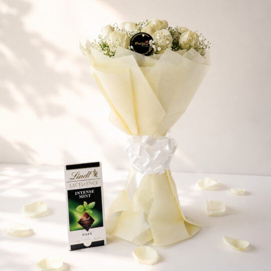 White rose and chocolate combo side view, Bangalore flower delivery