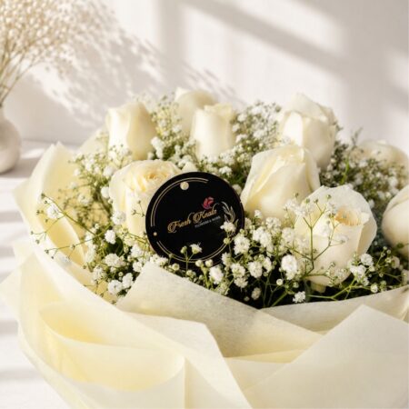 Close up of Calming Waves white rose bouquet, Bangalore flower delivery