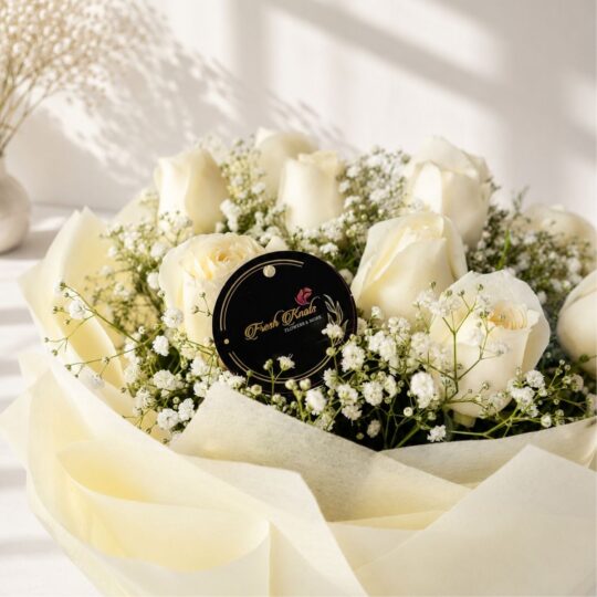 Close up of Calming Waves white rose bouquet, Bangalore flower delivery