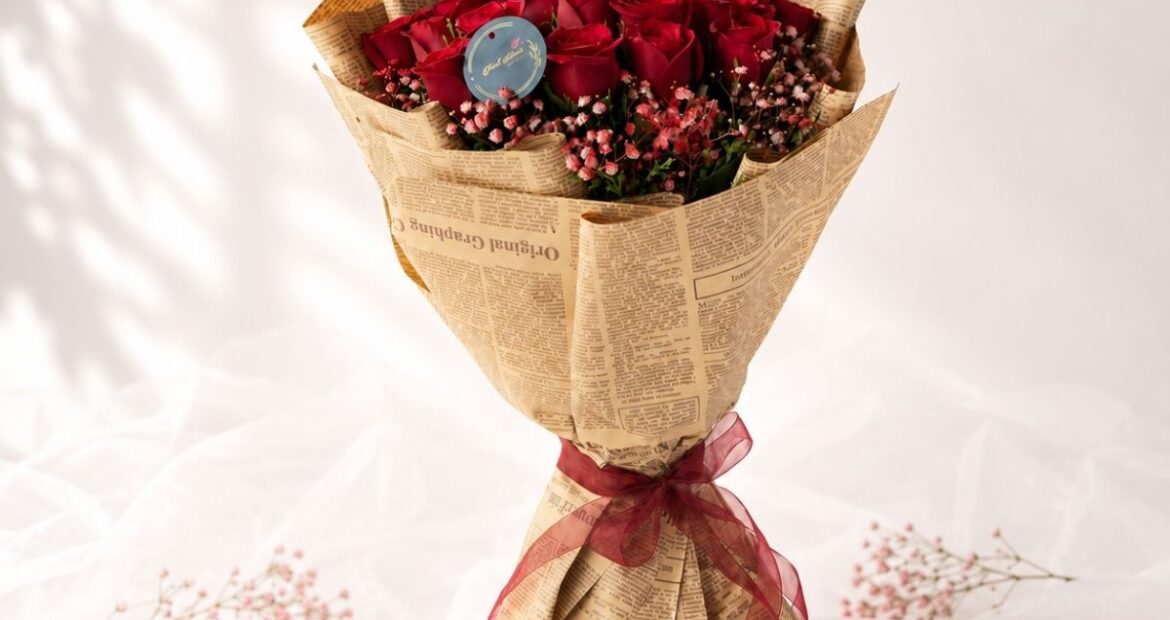 Crimson Sky red rose bouquet with baby's breath wrapped in kraft paper, Bangalore flower delivery
