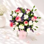 Dreamy Hues pink flower vase arrangement with roses and carnations, Bangalore flower delivery