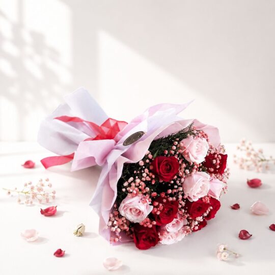 Premium bouquet of red and blush pink roses with pink baby's breath for flower delivery in Bangalore.