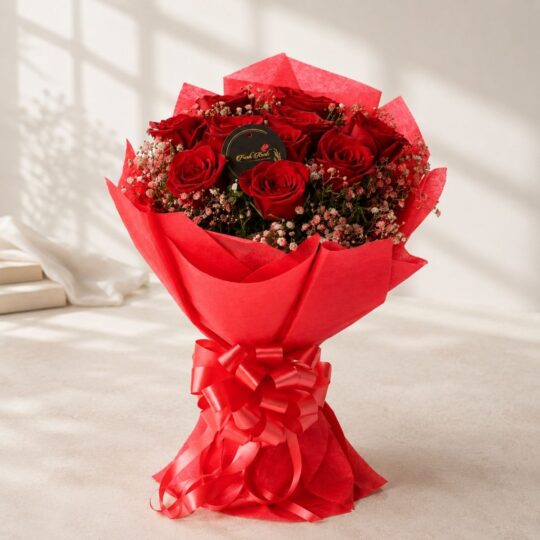 Ruby Red rose bouquet packaging, Bangalore flower delivery