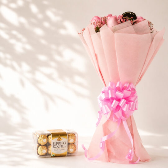 Pink rose and chocolate combo Ferrero Rocher box, Bangalore flower delivery