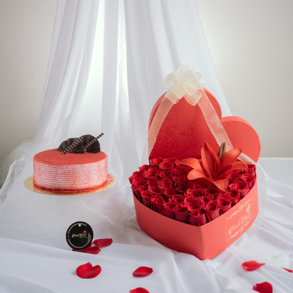 Combo- Roses in Heart Box And Cake - Gifts with Flowers