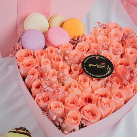 Pink-Roses-In-Pink-Heart-With-Macarons (1)