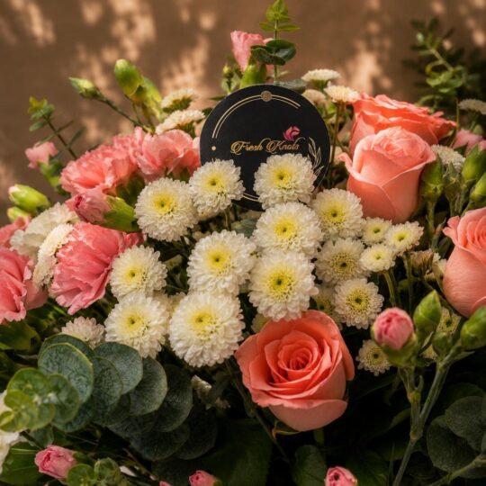 Premium pink rose, carnation, and chrysanthemum floral arrangement for online flower delivery in Bangalore.