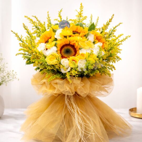 Premium sunflower bouquet with yellow roses for same day flower delivery Bangalore