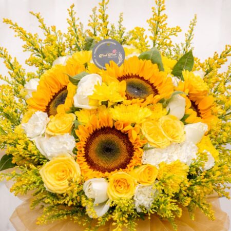 Premium sunflower bouquet with yellow roses for same day flower delivery Bangalore