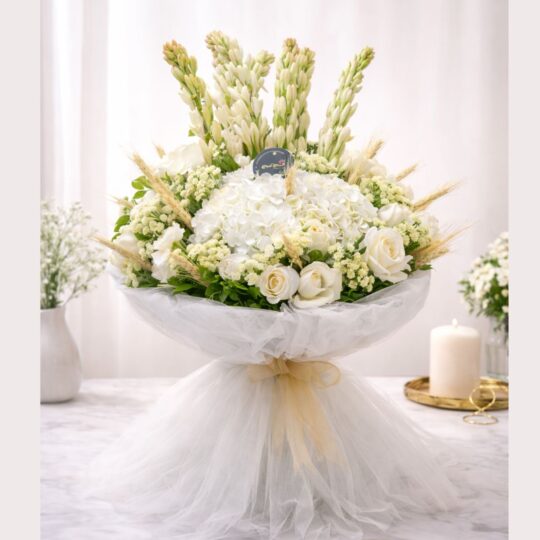 Premium white rose and hydrangea bouquet for same day flower delivery Bangalore by best florist in Bangalore.
