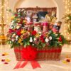 Floral Delight Diwali dry fruits hamper in Bangalore in a wicker picnic basket with almonds, cashews, makhana bhel, cookies and fresh flowers