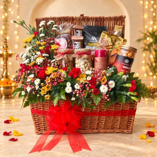 Floral Delight Diwali dry fruits hamper in Bangalore in a wicker picnic basket with almonds, cashews, makhana bhel, cookies and fresh flowers