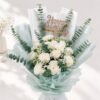 White rose and carnation birthday bouquet Bangalore with eucalyptus for same day flower delivery