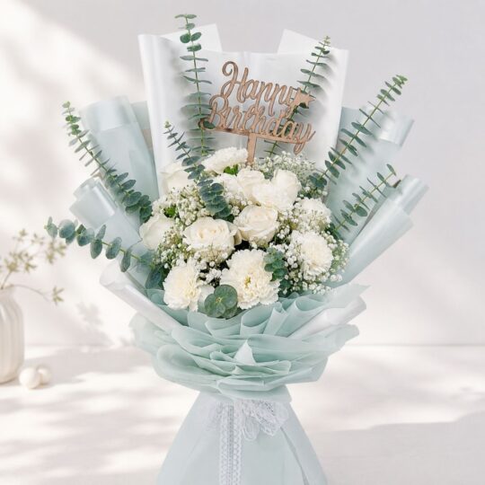 White rose and carnation birthday bouquet Bangalore with eucalyptus for same day flower delivery