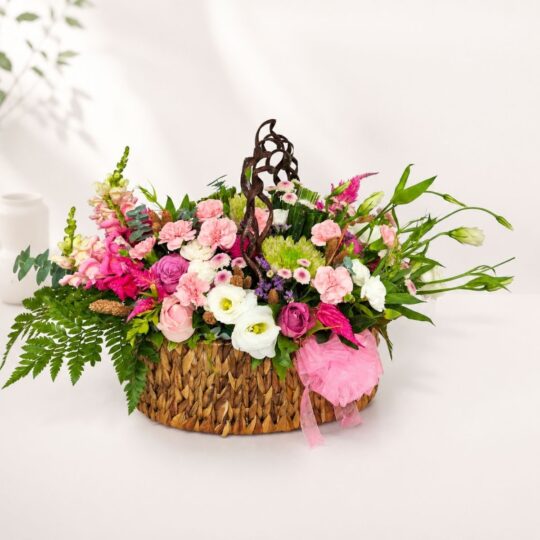 Pastel flower basket Bangalore with roses eustoma carnations and seasonal blooms for same day flower delivery