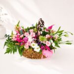 Pastel flower basket Bangalore with roses eustoma carnations and seasonal blooms for same day flower delivery