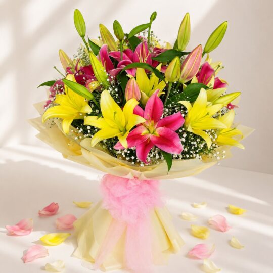 Yellow and pink lily bouquet wrapped in pastel paper – same-day exotic flower delivery in Bangalore by FreshKnots