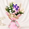 Chocolate bouquet Bangalore with Dairy Milk chocolates, eustoma and spray carnations for same day flower delivery