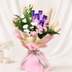 Chocolate bouquet Bangalore with Dairy Milk chocolates, eustoma and spray carnations for same day flower delivery