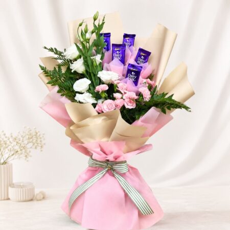 Chocolate bouquet Bangalore with Dairy Milk chocolates, eustoma and spray carnations for same day flower delivery