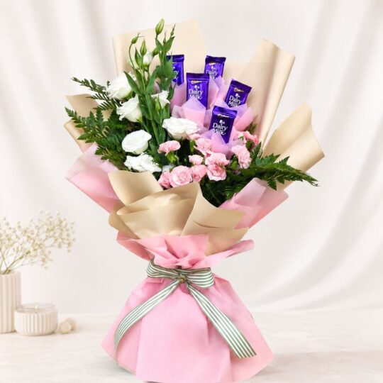 Chocolate bouquet Bangalore with Dairy Milk chocolates, eustoma and spray carnations for same day flower delivery