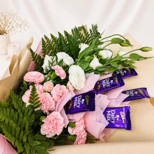 Chocolate bouquet Bangalore with Dairy Milk chocolates, eustoma and spray carnations for same day flower delivery