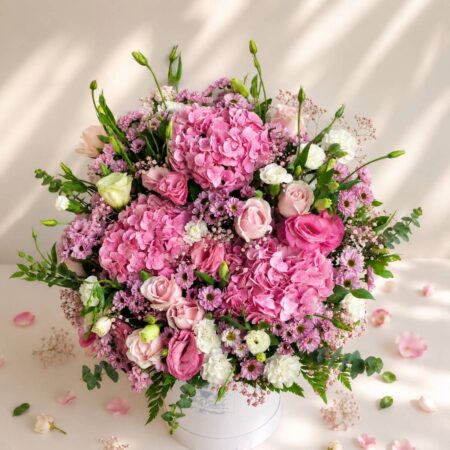 Premium pink hydrangea floral box Bangalore with roses and pastel flowers for luxury flower delivery