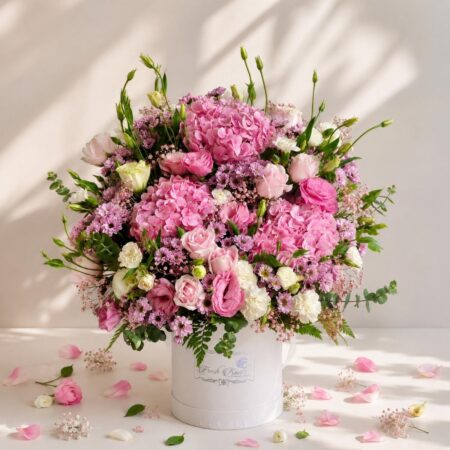 Premium pink hydrangea floral box Bangalore with roses and pastel flowers for luxury flower delivery