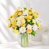 Yellow rose vase arrangement Bangalore with white daisies and fresh seasonal blooms for same day flower delivery