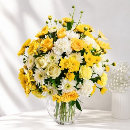 Yellow rose vase arrangement Bangalore with white daisies and fresh seasonal blooms for same day flower delivery