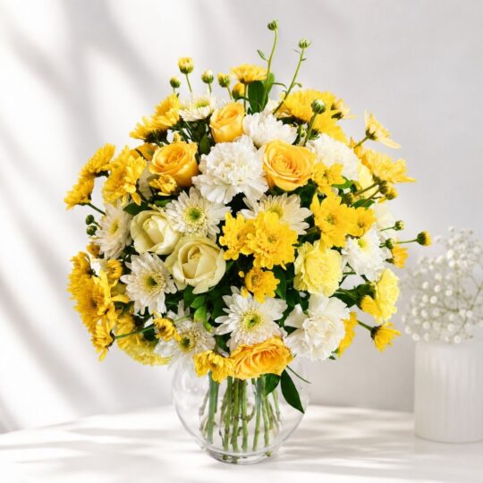 Yellow rose vase arrangement Bangalore with white daisies and fresh seasonal blooms for same day flower delivery