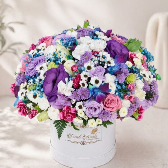 Blue flower Box with mixed peacock themed flowers white eustoma online flower delivery India