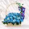 Blue flower basket Bangalore with blue orchids, chrysanthemums and baby's breath for same day flower delivery