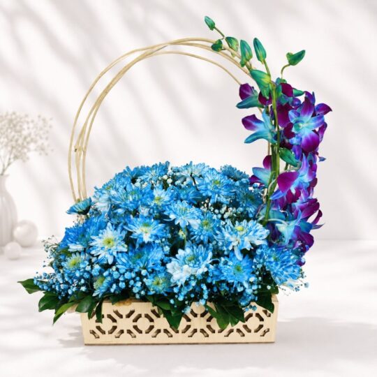 Blue flower basket Bangalore with blue orchids, chrysanthemums and baby's breath for same day flower delivery