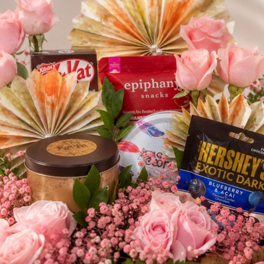 Close up of Blush Elegance pink roses and treats, Bangalore gift delivery