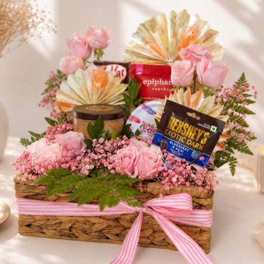 Blush Elegance Rakhi gift hamper with roses and chocolates, Bangalore gift delivery