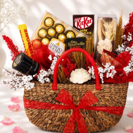 Luxury gift hamper basket with premium treats and elegant packaging by FreshKnots, available for online gift delivery in Bangalore.