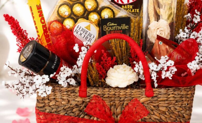 Luxury gift hamper basket with premium treats and elegant packaging by FreshKnots, available for online gift delivery in Bangalore.