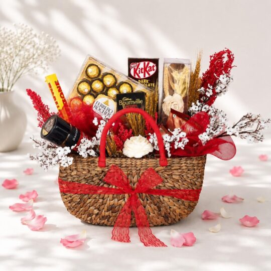 Luxury gift hamper basket with premium treats and elegant packaging by FreshKnots, available for online gift delivery in Bangalore.