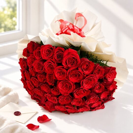 Classic Red Symphony bouquet close-up, red ribbon Bangalore