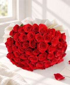 Classic Red Symphony 50 red roses bouquet, styled with envelope