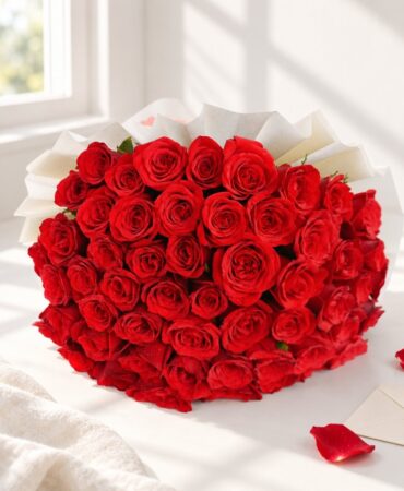 Classic Red Symphony 50 red roses bouquet, styled with envelope