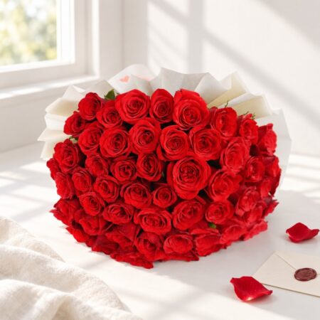 Classic Red Symphony 50 red roses bouquet, styled with envelope