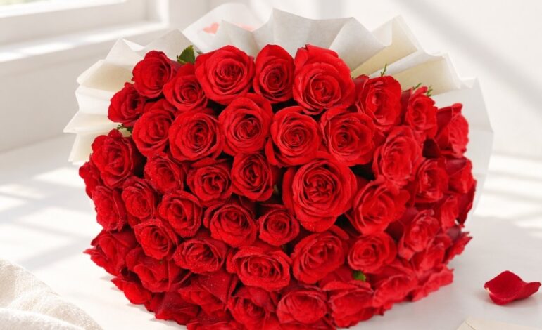 Classic Red Symphony 50 red roses bouquet, styled with envelope