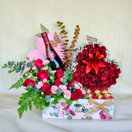 Box Arrangement of Red Roses, Chocolate and wine