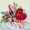 Box Arrangement of Red Roses, Chocolate and wine