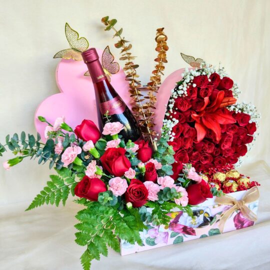 Box Arrangement of Red Roses, Chocolate and wine