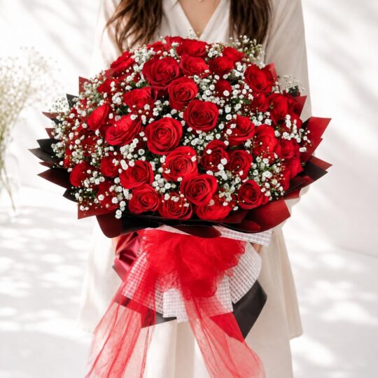 Premium red rose bouquet by FreshKnots Florist – romantic flower bouquet with same-day flower delivery in Bangalore.