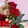 Valentine flower arrangement with red roses and LOVE sign - same day flower delivery Bangalore