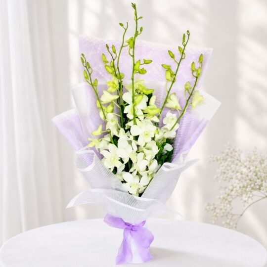 White orchid bouquet in lilac wrap for same day flower delivery Bangalore